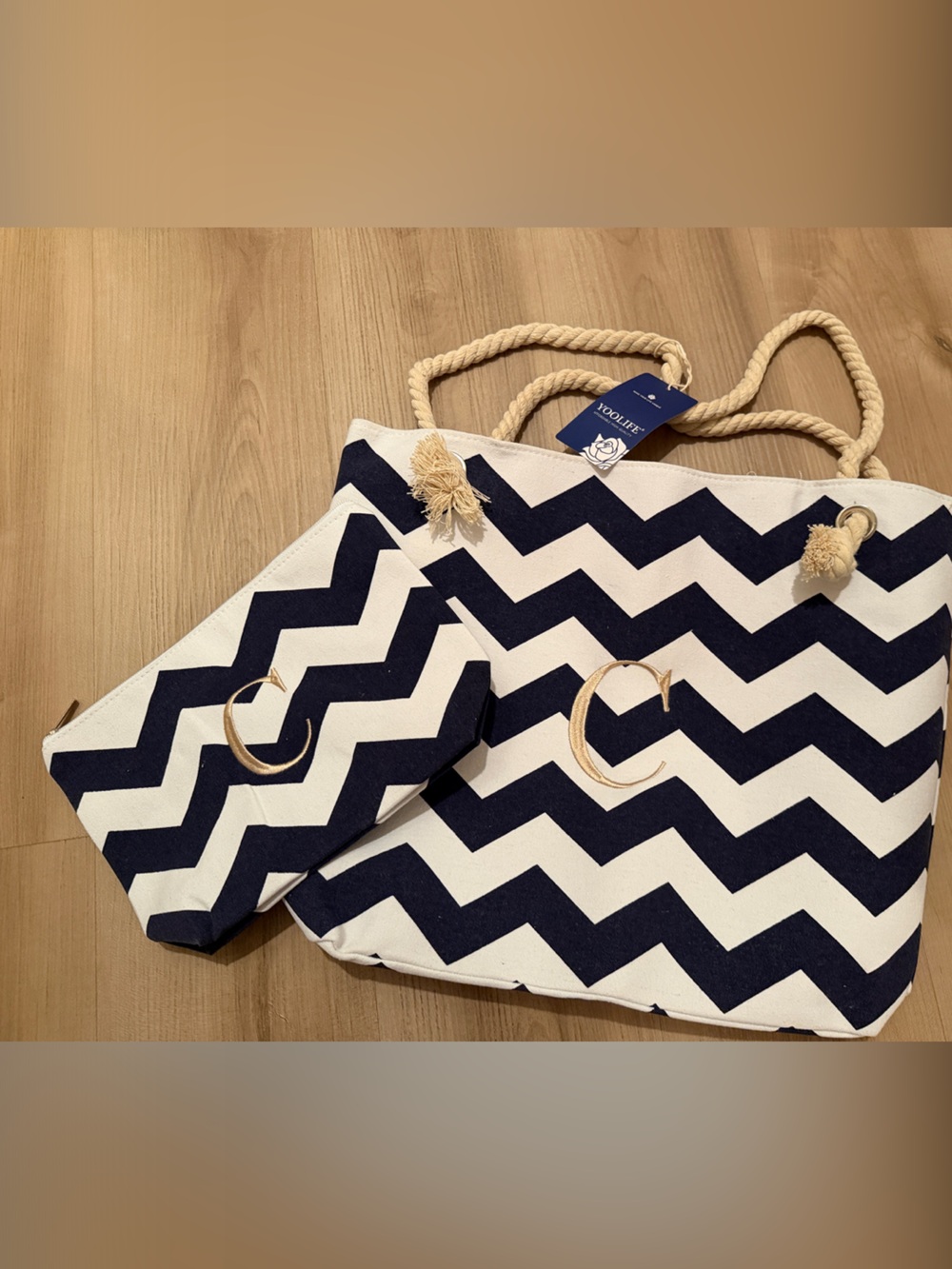 Chevron Canvas Tote Bag in Navy and White